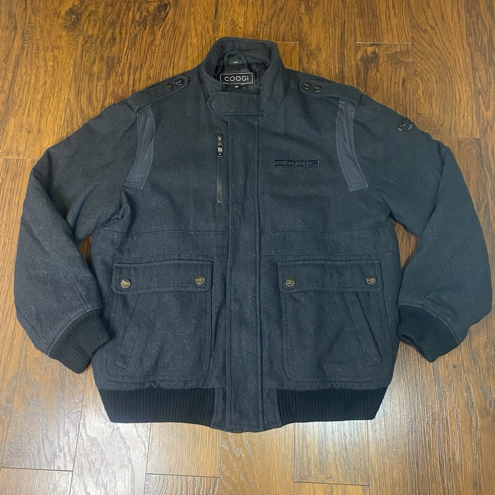 Coogi Jacket Mens 2XL Black Wool Blend Hooded Full Zip Ribbed Cuffs Winter‎ Coat